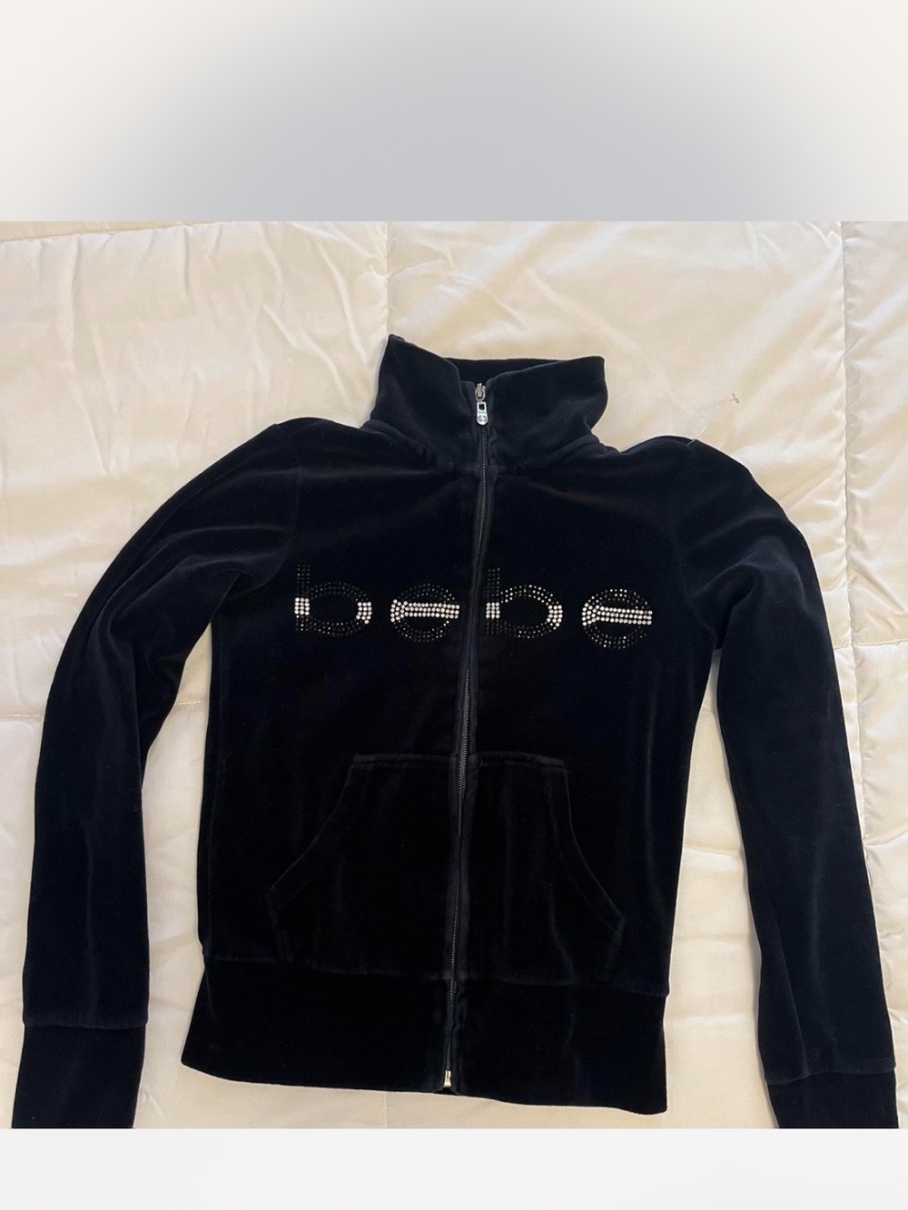 bebe Black Velour Rhinestone Logo Zip-Up Jacket